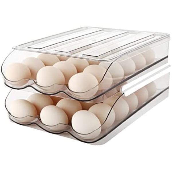 MesRosa Egg Holder for Refrigerator, Automatically Rolling Egg Storage Container for Refrigerator,Large Capacity Egg Organizer for Fridge with Lid,Clear Plastic Egg Dispenser,Egg Tray & Bin -2 Layer