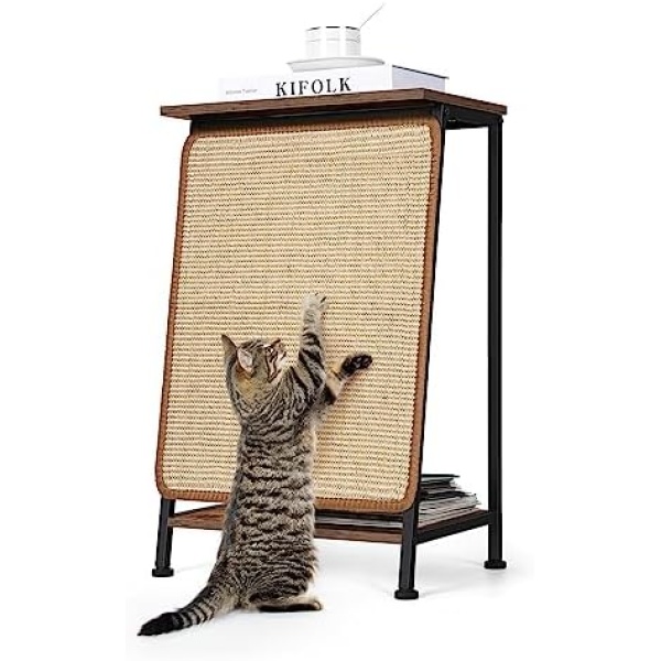 Modern End Table with Cat Bed, Cat Scratching Post Wood Cat Furniture Table Side Table with Small Cat House Cat Bed Table with Replaceable Sisal Scratch Scratching Pad Mat for Living Room Bedroom