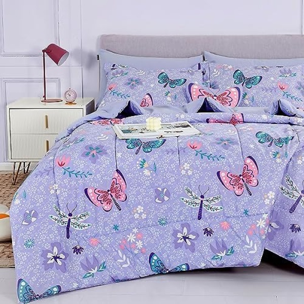 Mooreeke Bed in a Bag for Kids Girls Teens, 8 Pieces Full Size Comforter Bed Set with Shams, Sheet Set and Decorative Toy Pillow, Butterfly Purple Super Soft Microfiber Kids Comforter Bedding Set