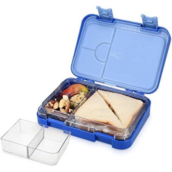 Navaris Bento Box - Adult Lunch Box with 6 Compartments and Removable Tray Section - Leak Proof Food Container for Kids - Dark Blue