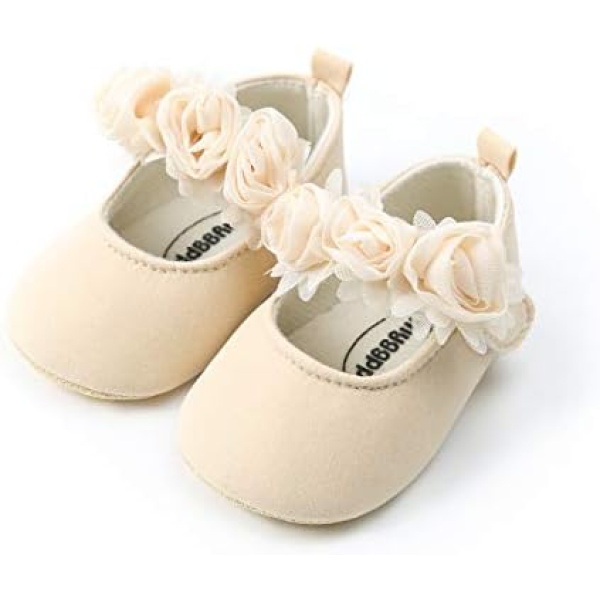 Newborn Baby Girls Mary Jane Flat Flower Shoes Soft Bottoms Anti-Slip Princess Shoes Wedding Dress Shoes First Walking Crib Shoes