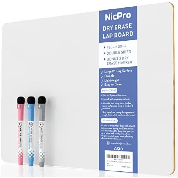 Nicpro 12 x 16 inches Lapboard Small Dry Erase Lap Board Double Sided with 3 Water-Based Pens Learning Mini Whiteboard Portable for Kid Student and Classroom Use