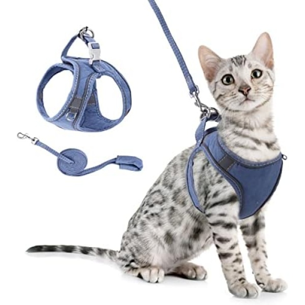 ORIA Cat Harness and Leash Set, Adjustable Vest Harnesses for Cats, Pet Harness with Reflective Strap for Walking, Blue, XS