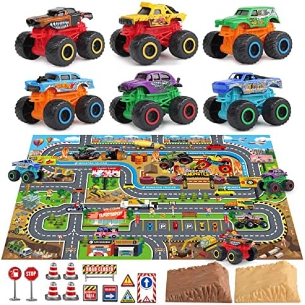 Oriate Monster Truck Playset for Boys, Include 6 Pack Diecast Monster Toy Vehicle Trucks w/ 47"x 31" Activity Playmat, for Kids Car Set Style2