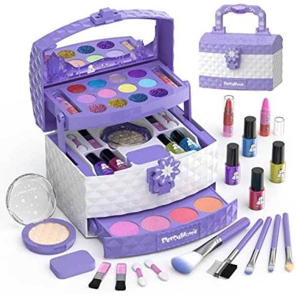 PERRYHOME Kids Makeup Kit for Girl 35 Pcs Washable Makeup Kit Real Cosmetic, Safe & Non-Toxic Little Girls Makeup Set, Frozen Makeup Set for 3-12 Year Old Kids Toddler Girl Toys Birthday Gift (Purple)