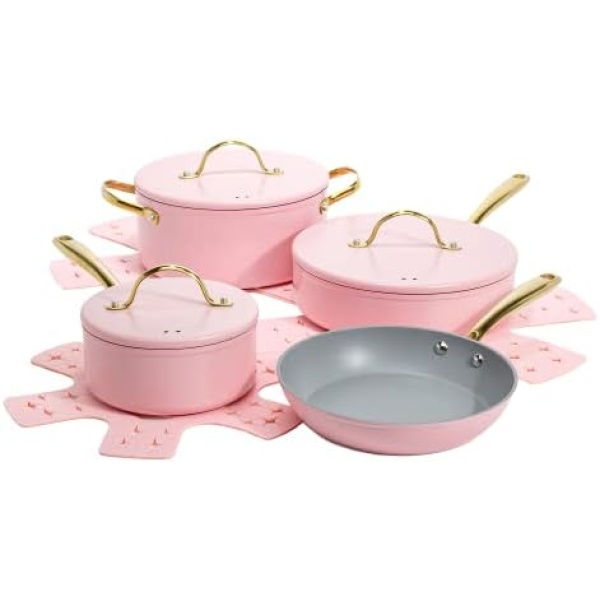 Paris Hilton Iconic Nonstick Pots and Pans Set, Multi-Layer Nonstick Coating, Matching Lids with Gold Handles, Made Without PFOA, Dishwasher Safe Cookware Set, 10-Piece, Pink