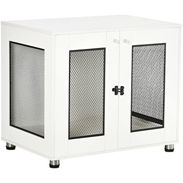 PawHut Pet Crate End Table with Water-Resistant Cushion, Double-Door Dog Crate Furniture for Medium Dogs, Wooden Wire Pet Kennels for Indoor Use, White