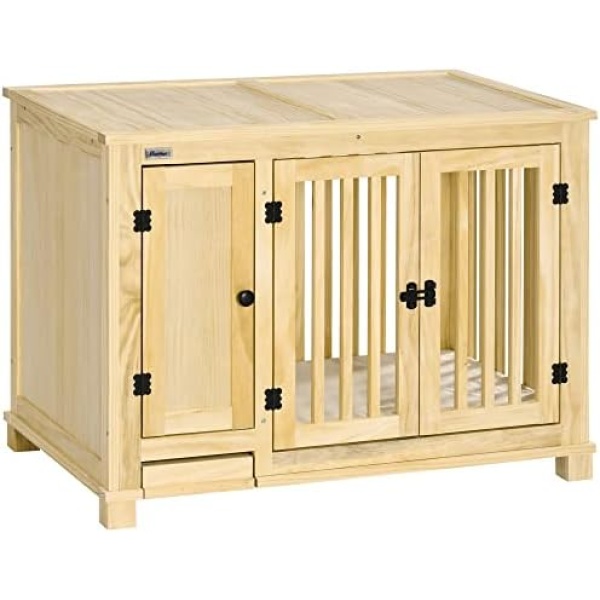 PawHut Wooden Dog Crate Furniture with Drawer Bowl Storage, Dog Kennel End Table with Cushion for Small Dogs Indoor Use, Natural