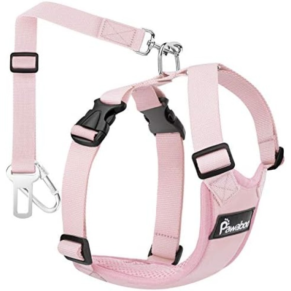 Pawaboo Dog Safety Vest Harness, Pet Car Harness Vehicle Seat Belt with Adjustable Strap and Buckle Clip, Easy Control for Driving Traveling Safety for Small Medium Dogs Cats, Large, Pink