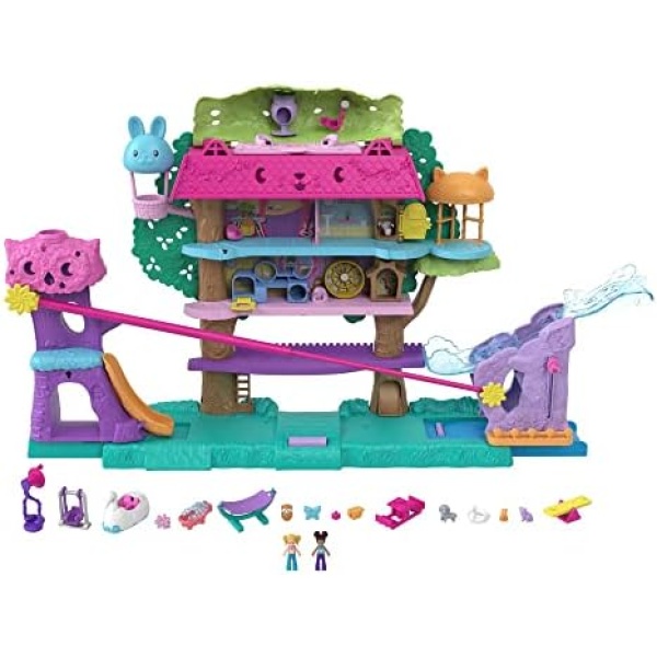 Polly Pocket Doll House with 2 Micro Dolls and Accessories, Toy Car, Doll Furniture and 4 Pets, Expandable Pet Adventure House