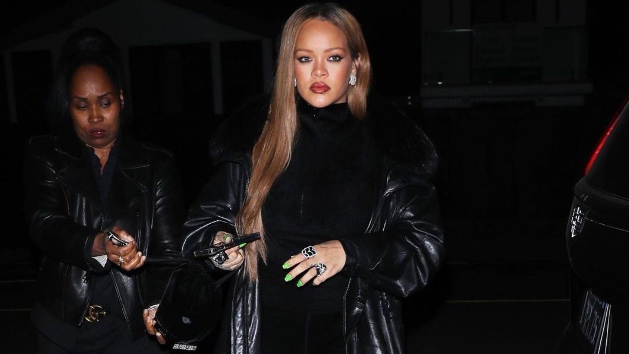 Rihanna Slayed the Scene in a Black $25K Vintage Versace Leather Trench with $1,450 Black Crystal Embellished Amina Muaddi Heels