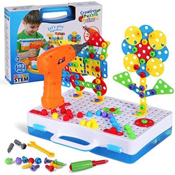 STEM Toy Drill Kit for 3-10 Years Old, Creative Mosaic Drill Toy Set for Kids, Construction Building Blocks for Toddler Preschool, Electric Drill Puzzle Toy with Screwdriver Tool