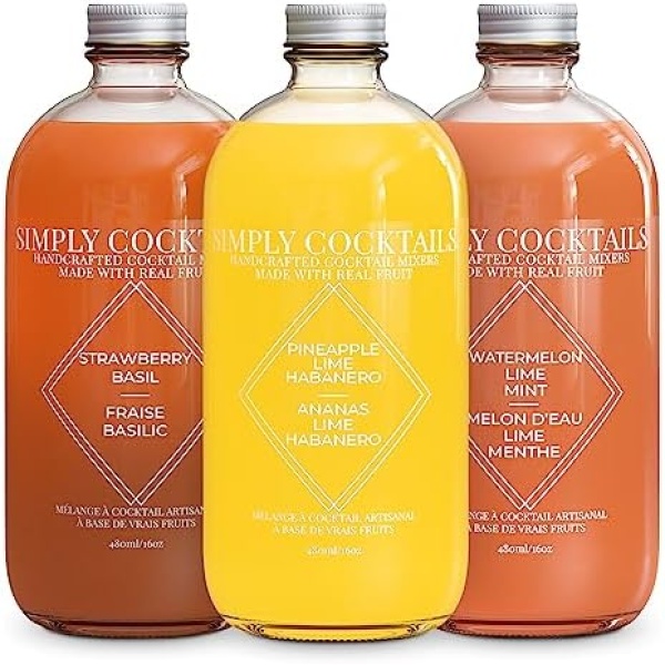 Simply Cocktails Non-Alcoholic Margarita & Mojito Cocktail Mixer Set. Strawberry Basil, Pineapple Lime Habanero & Watermelon Lime Mint. Low Sugar Drink Mixers for Cocktails. 480ml (Pack of 3)