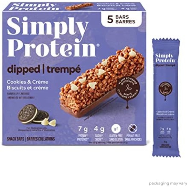 Simply Protein Chocolate-Dipped Protein Bars, Pack of 5, Cookies & Cream Bars, High Protein Snack, Low Sugar