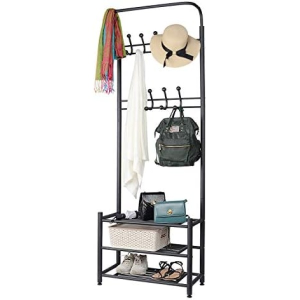 SortWise 2-in-1 Industrial Metal Standing Coat Rack with 3-Tier Shoe Storage Shelf, 18 Hooks and W/Hanger Bar for Entryway, Bedroom, Lavatory 66 x 28.5 x 190cm