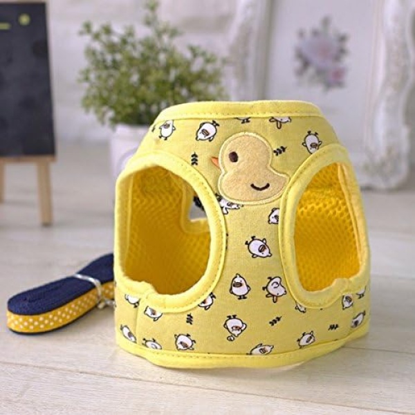 Stock Show Small Pet Summer Spring Cute Cartoon Harness Vest and Matching Polka Dots Lead Leash Set Breathable Soft Mesh Padded Adjustable Chest Strap Hareness for Puppy Kitten Small Animal, Yellow