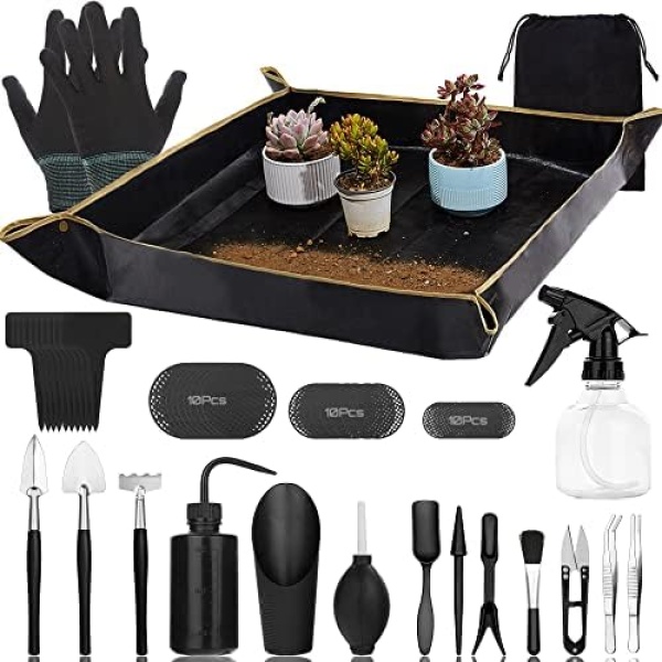 Succulent Tools Kit,57 Pcs Mini Garden Tools ,Bonsai Tree Kit Plant Accessories Indoor Gardening Hand Tools with Repotting Mat, Succulent Kit for Plant Care,Gardening Gifts for Men & Women