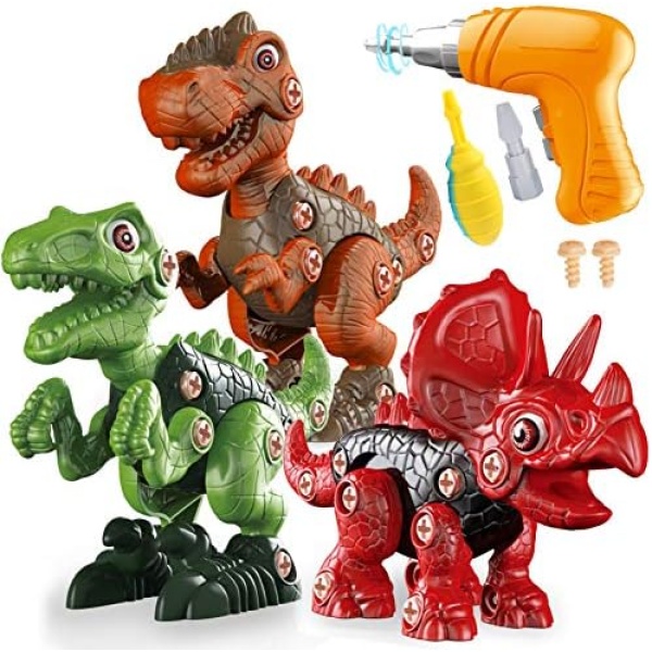 TEUVO Take Apart Dinosaur Toys for Kids, 3 Packs Take Apart Toys with Electric Drill, Learning Building Toys STEM Gift for 3-7 Years Old Boys and Girls