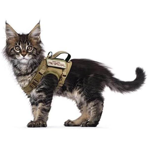 Tactical Cat Harness for Walking Escape Proof, Soft Mesh Adjustable Pet Vest Harness for Large Cat,Small Dog (Medium, Khaki)