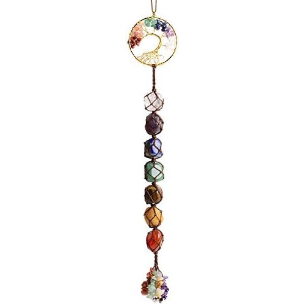 Tree of Life Chakra Stones Healing Crystals Feng Shui Hanging Ornament 7 Chakra Wall Ornament Meditation Hanging Ornament Window Ornament for Home Decor Party Decor