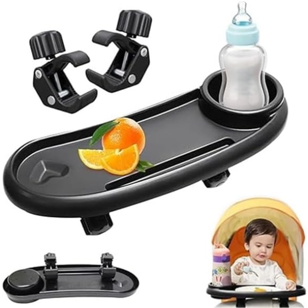 Universal Pram Tray, 360 Degree Rotating 3-in-1 Removable Drink Holder, Reusable Snack Bowl for Prams, with Snack Tray Pushchair Non-Slip Grip Clip for Stroller Bar