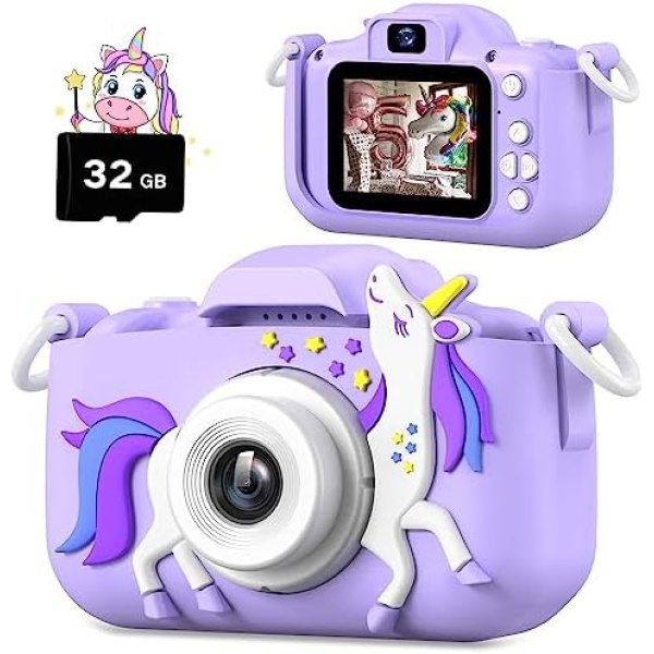 Upgrade Unicorn Kids Camera, Christmas Birthday Gifts for Girls Boys Age 3-12, 1080P HD Selfie Digital Video Camera for Toddlers, Cute Portable Little Girls Boys Gifts Toys for 3 4 5 6 7 8 9 Years Old