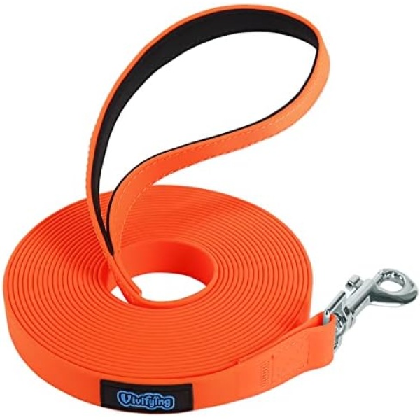 Vivifying Waterproof Dog Leash, 20ft Durable PVC Long Line Lead with Padded Handle Great for Medium Large Dogs Training, Swimming, Beach and Yard (Orange)