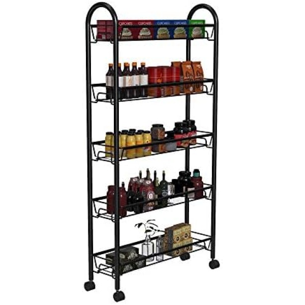 WASJOYE Utility Cart 5-Tier Gap Mesh Wire Kitchen Sauce Organization Storage Rack Trolley Rolling Cart with Lockable Wheels for Bathroom, Nursery, School Supplies, Narrow Place