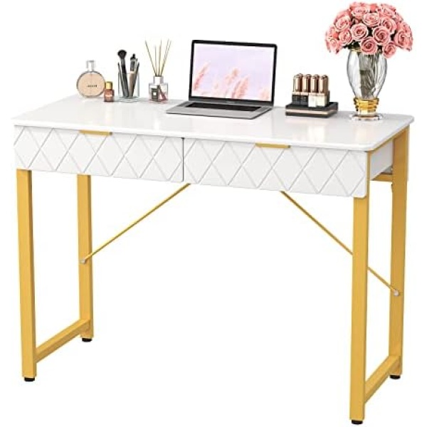 WESTREE Modern Makeup Vanity Desk with Glossy Desktop, Bedroom Home Office Writing Desk with Drawers, Storage Shelf, Gold Metal Frame for Dressing Table Without Mirror