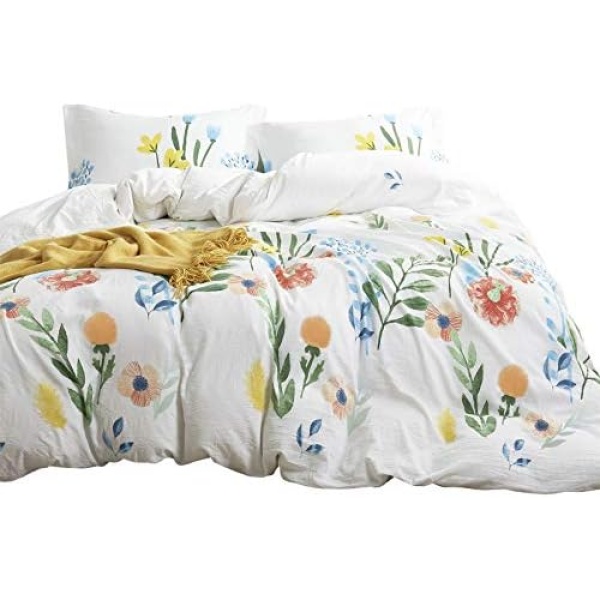 Wake In Cloud - Watercolor Comforter Set, Colorful Floral Leaves Flowers Painting Pattern Printed, 100% Cotton Fabric with Soft Microfiber Inner Fill Bedding (3pcs, Full Size)