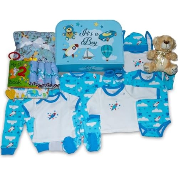 Welcome to The World Baby Boy Suitcase, Baby Layette Set and New Baby Essentials in A Durable Keepsake Suitcase Box, Blue, Large Baby Boy Gift Set - Nikki’s Gift Baskets