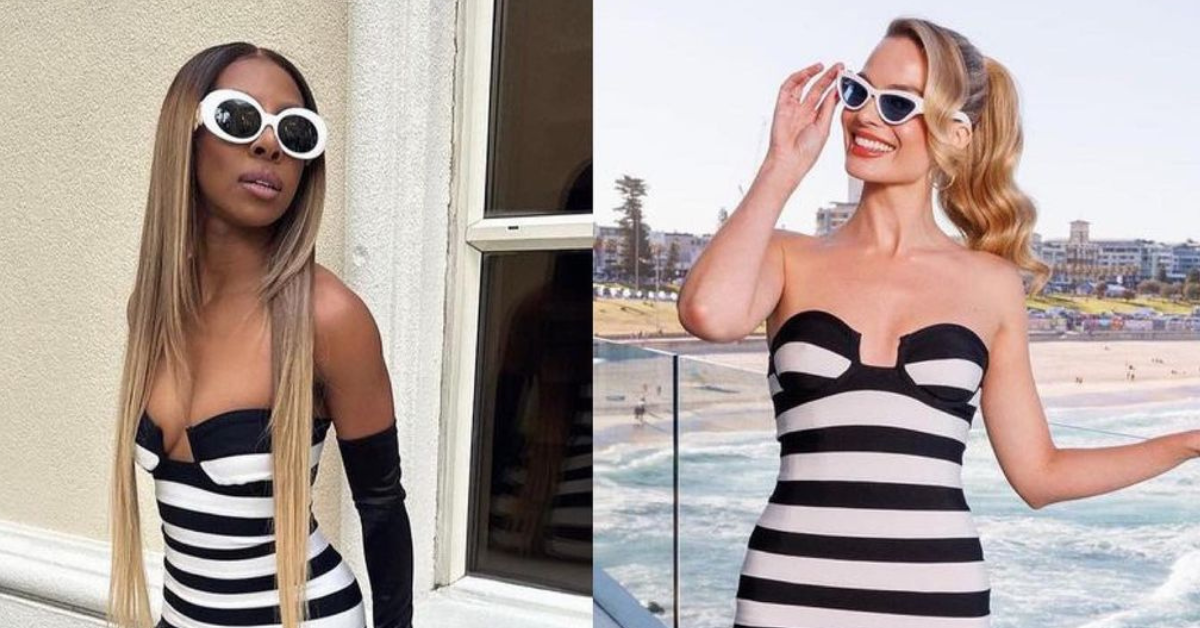 Who Wore It Better? Candiace Dillard vs Margot Robbie in Hervé Léger Striped Mini Dress – Fashion Bomb Daily