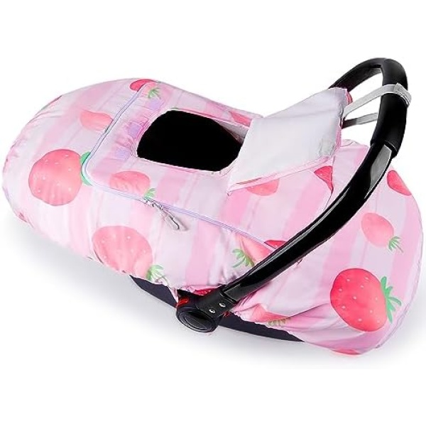 Winter Car Seat Covers for Babies Carseat Cover Girls Car Seat Cover Warm Windproof Baby Carrier Canopy with Window Pink Strawberry