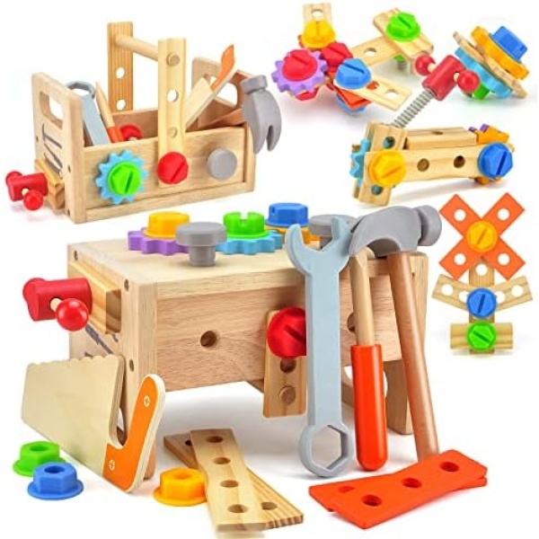 Wooden Tool Set for Boys - 29Pcs Kids Tool Sets, Learning Educational Building Construction Sets Toys for 3 Year Old Boy, Montessori Pretend Play Toy Tools for Kids Ages 3-7 Years Old