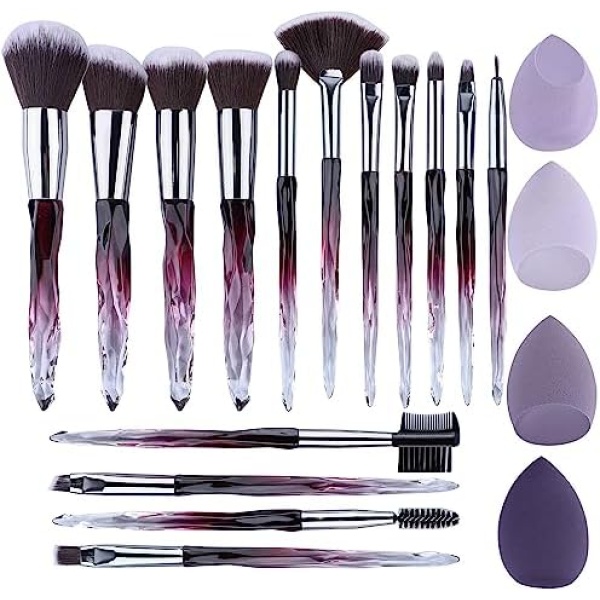 XMOSNZ Makeup Brushes 15pcs Make up Brushes Set Crystal Pinceaux Maquillage Eyeshadow Brushes Makeup Brush with 4 Makeup Sponge(19 Piece Set, Purple)