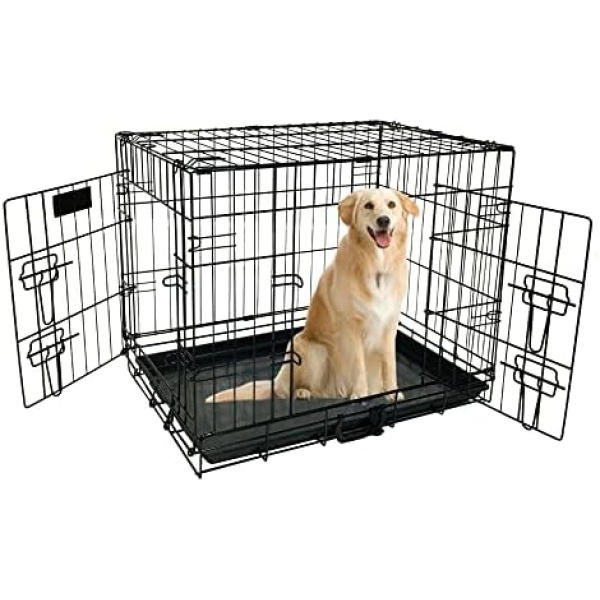 Yivke Dog Crate Dog Cage Dog Kennel Metal Wire Folding Pet Animal Pet Cage with Plastic Tray, Heavy Duty Dog Crate | Double Door | Outdoor Indoor Portable Pet Cage | Size 42"x27"x30", Black