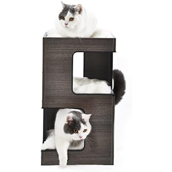 Yokee Modern Cat Tree for Indoor Cats - 23.54 Inch Cat Tower, 3 Levels Spacious Cat Condo, Cat Furniture Stand House with Removable Soft Cushions, Cat Scratcher Mat and Mouse Spring Toy, Black-Grey