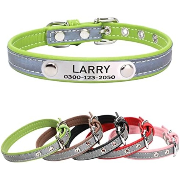 Yonsbox Custom Personalized Reflective Cat Dog Collar with Name Plate Engraved Cute Green Puppy Kitten Dog Cat Collars for Male Female Boy Girl Small Medium Large Cats Dogs
