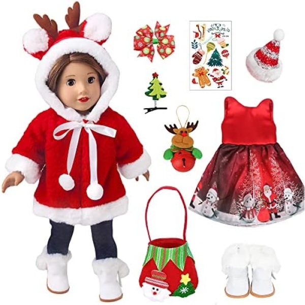 ebuddy Doll Christmas Costume 18 Inch Doll Clothes Accessories for 18 inch Dolls Include Outfits Dress Handbag Shoes Sticker Hairpin (No Doll)