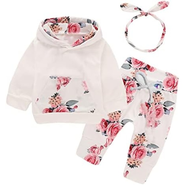 puseky Baby Girl Clothes Floral Hoodie Sweatershirt Tops and Pants Headband Newborn Baby Girls Fall Winter Outfits