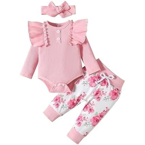 puseky Newborn Baby Girls Clothes Ribbed Ruffled Long Sleeve Romper Jumpsuit Floral Pants Infant Girl Outfits Set