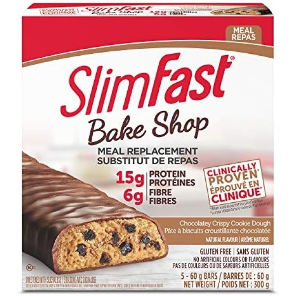 1 Box of Slimfast Bake Shop Meal Replacement Bars, with 15g of Protein & 5g Fiber, 5 - 60g Bars per Box = 5 Bars Total; Chocolatey Crispy Cookie Dough Bar