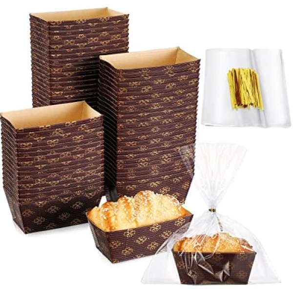 100 Pcs Paper Loaf Pan Mini Disposable Paper Baking Bread Loft Mold Microwave Oven Freezer Baking Pan 100 Pcs Reusable Clear Plastic Bread Bags with Ties for Baked Goods Bakery (3.1 x 1.5 x 1.7 Inch)