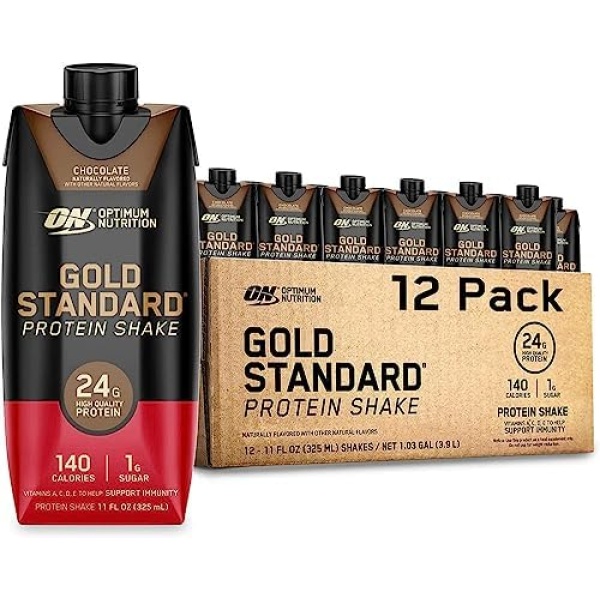 ON Gold Standard Ready To Drink Protein Shake | 24 Grams of Protein Per Serving | 140 Calories Per Serving | 1 Gram Sugar | 355 mL Per Shake (Chocolate, Pack of 12)