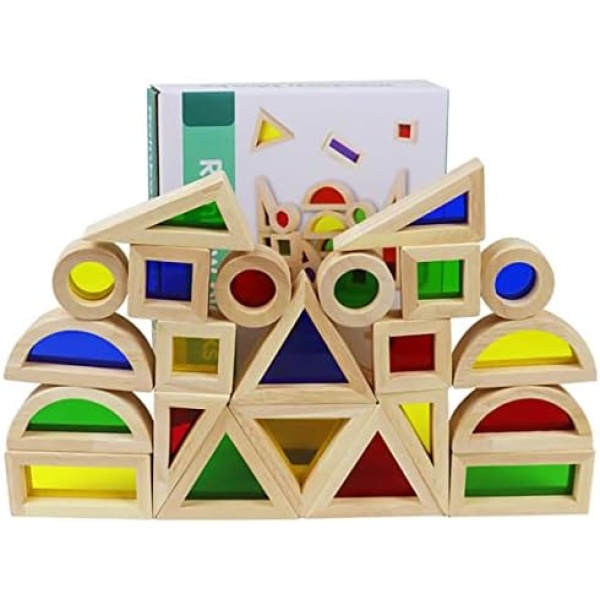 24pcs Rainbow Sensory Blocks Set Imagination Development Construction Building Toy Parent-Children Interactive Rainbow Stacker Stacking Game for Kids