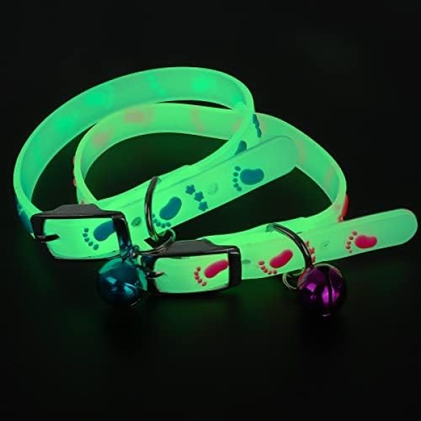 2Pcs Glow in The Dark Cat Collars with Bell, Adjustable (20-30cm) Pet Collars with Metal Buckle, Suitable for All Cat and Small Dog(Feet & Star)
