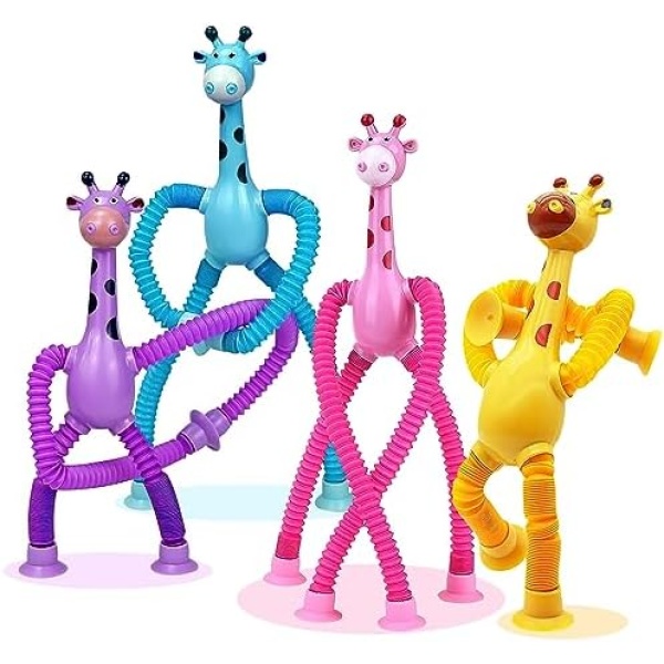 4 Pcs Pop Tubes Fidget Toy, Telescopic Suction Cup Pop Tube Giraffe Toys, Animals Sensory Fidget Toys for Toddlers, Autism Sensory Toys for Kids Party Favors Boys Girls Birthday Gifts