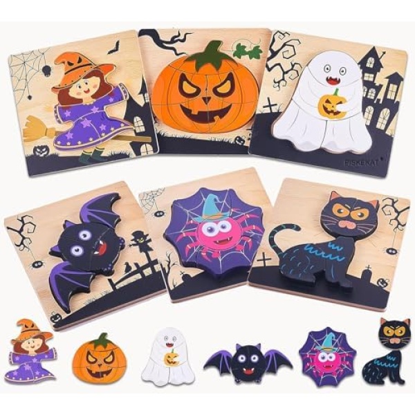 6 Pack Halloween Wooden Puzzles for Toddlers, Halloween Jigsaw Puzzles for Kids, Halloween Toys Gifts for Boys Girls, Halloween Toys Party Favors Halloween Treat Bags Gifts