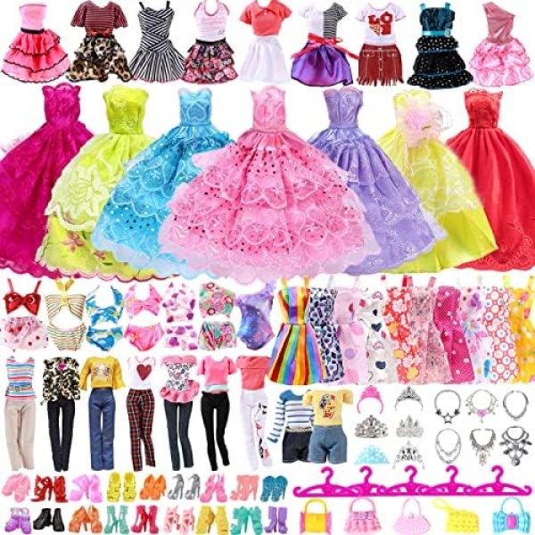 63 PCS Doll Clothes and Accessories for Barbie Including 5 Wedding Gown Dresses 10 Braces Skirts 2 Fashion Dresses 2 Tops and Pants 2 Bikini 20 Shoes 5 Hangers 12 Jewelry 5 Bags for 11.5 Inch Dolls