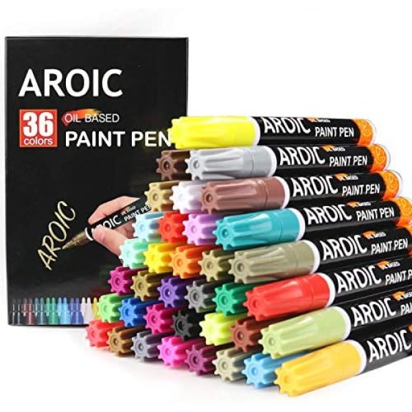 AROIC 36 Pack Paint Pens for Rock Painting - Write On Anything. Paint pens for Rock, Wood, Metal, Plastic, Glass, Canvas, Ceramic & More! Low-Odor, Oil-Based, Medium-Tip Paint Markers